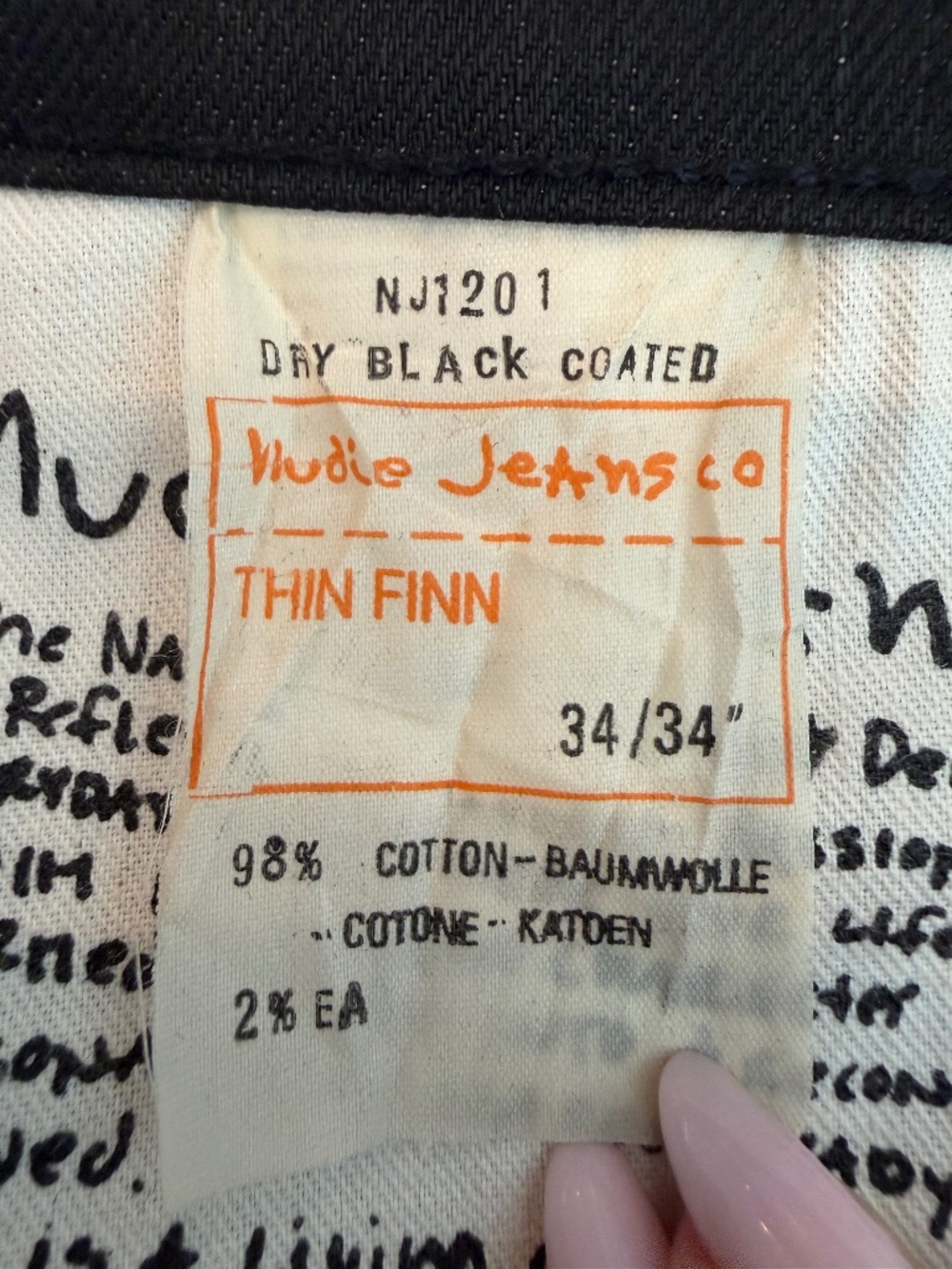 Nudie men’s black jeans, Thin Finn, 34” waist, dry black coated - Picture 5 of 5